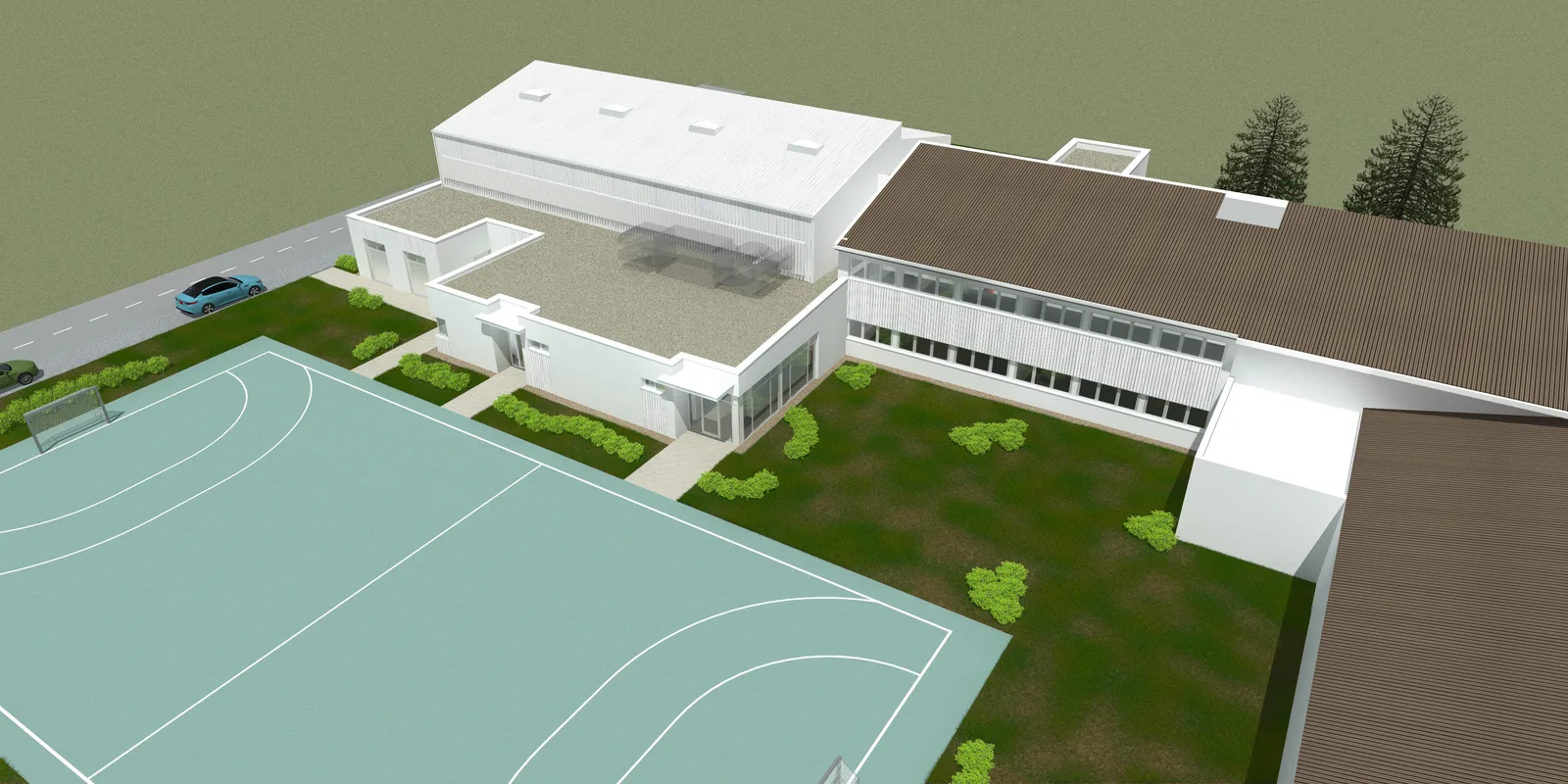 3D vizualizacija OŠ Vratišinec iz zraka - nova sportska dvorana i dograđena škola